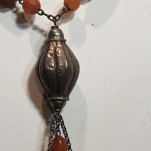 Vintage Handcrafted Carnelian & Silver Beaded Necklace With Ornate Pendant - Picture 6 of 9